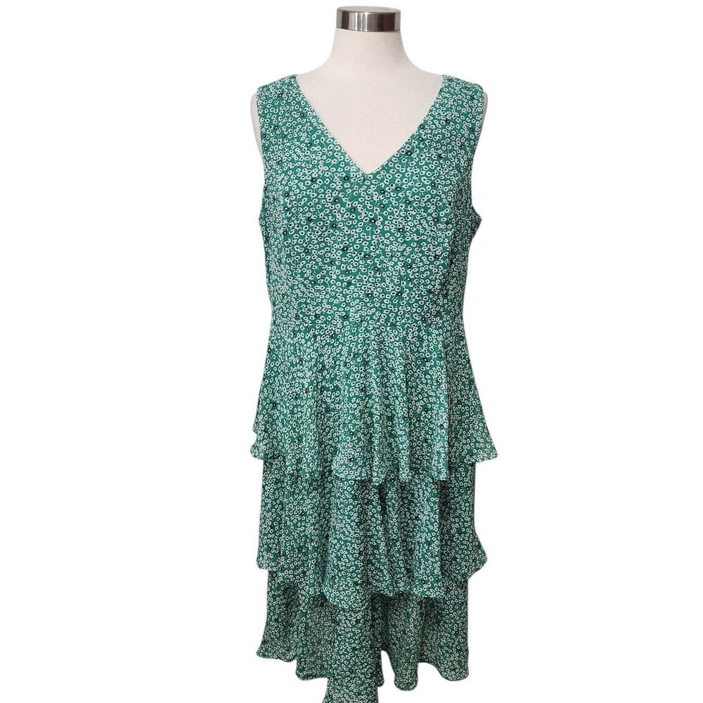 Nine West Woman Midi Dress Sz 14 Green Tiered Ruffle Lined Back Zip Sleeveless